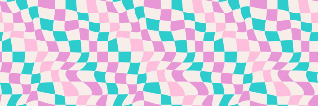 Wavy checkered horizontal background. Abstract vector seamless pattern in style 60s, 70s. Retro wavy psychedelic checkerboard. Cool colors