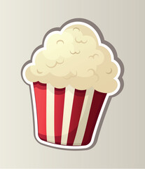 Illustration of colorful fast food sticker. This illustration skillfully combines intricate design with bright colors to depict fragrant popcorn in a lively cartoon style. Vector illustration.