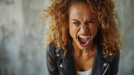 Young woman expressing strong emotion with a scream - obrazy, fototapety, plakaty