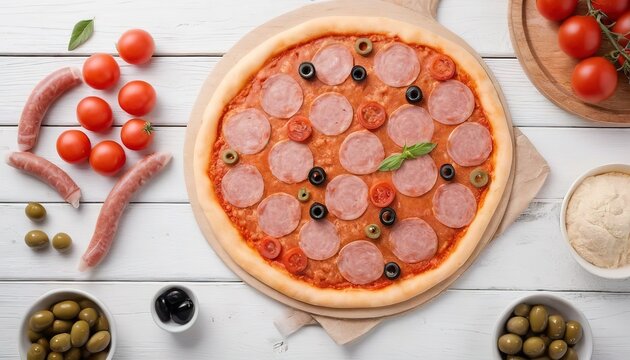 Raw pizza. Rolled out round dough with olives, sausages and tomatoes. On white wooden background
