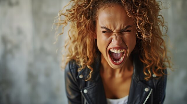 Young woman expressing strong emotion with a scream