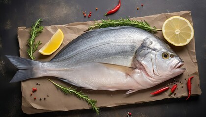Raw sea fish dorado with herbs and spices. On a rustic background