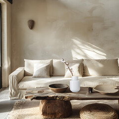 Japandi home decor, beige background