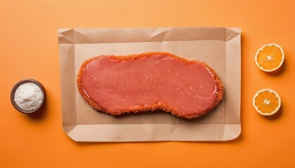 Raw Wiener Schnitzel breaded meat steak. Orange background