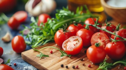 Fresh tomatoes on cutting board with arugula and garlic