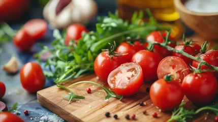 Fototapeten Fresh tomatoes on cutting board with arugula and garlic © Mustafa