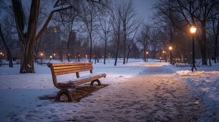The Tranquil Charm of a City Park's Bench, Lit by Gentle Lights During Winter's Evening