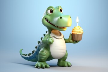 Fototapeta premium An isometric, 3D model of a hungry allegator, crocodile or dinosaur holding a first birthday cupcake with a number 1 candle on it. Blue background. 