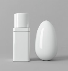 Minimal design concept: white cylindrical container and egg shaped object on neutral background