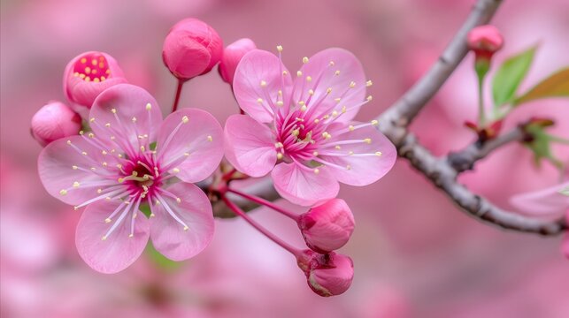 Blossoming pink cherry blossoms in springtime close-up