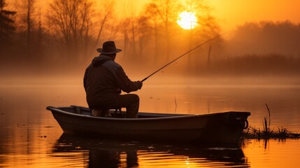 Experienced fisherman catching huge fish on fishing rod in beautiful lake landscape