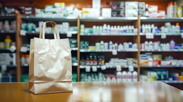 The Unassuming Paper Bag on a Drugstore Counter Surrounded by Essential Well-Being Products on the background
