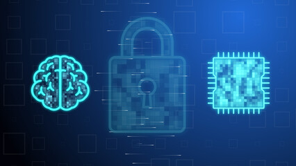 Cg tech collage. A digital human brain and an AI chip between which rays of information move against the backdrop of a castle on a blue background. The concept of protecting personal biometric data