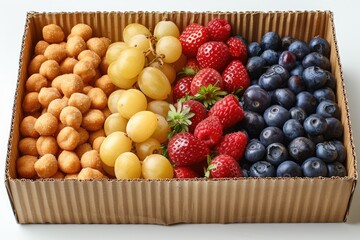 various food items in cardboard box advertising food photography