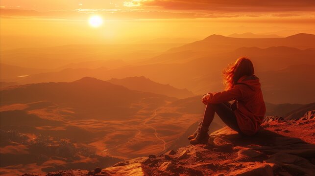 Solitary woman enjoying a majestic mountain sunset