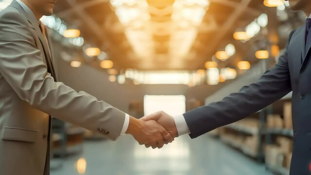 Two businessmen shaking hands in a modern office hallway, symbolizing partnership and agreement.
