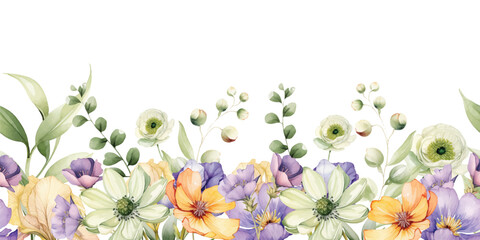 Watercolor flowers seamless border with colorful leaves branches wildflowers illustration elements - 757264782