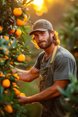young man worker harvests ripe orange tangerines on a plantation on a farm in garden