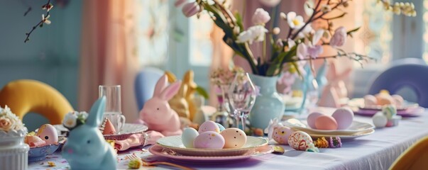 Easter Elegance: Sophisticated Pastel Dinnerware and Rabbit-Themed Table Decor for a Festive Spring Gathering