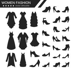 black silhouette object women's dress clothing and high heels,fashion design vector illustration