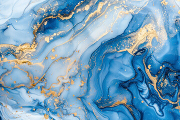 Blue and Gold Abstract Painting on a Luxurious Marble Acrylic Background: A Close-Up View.