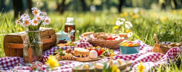 Celebrating Spring with a Family Picnic Featuring Homemade Easter Egg Sandwiches on a Checkered Blanket