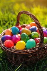 Fototapeta na wymiar Celebrating Easter: A Joyful Collection of Hand-Dyed Eggs in a Rustic Wicker Basket on a Bed of Green Grass