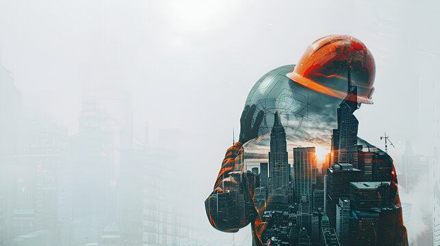 Double exposure image of construction worker holding tools, Generative Ai