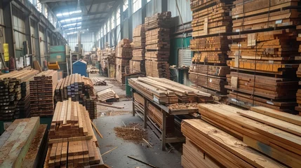 Foto auf Leinwand From Forest to Factory - Stacked wood pine timber production for processing and furniture production at woodworking enterprise © Gasspoll
