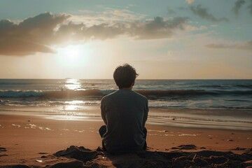 A person having depression episode, alone by the beach - obrazy, fototapety, plakaty