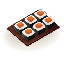 Image of colorful sushi sticker. An illustration of an appetizing sushi rolls presented in a bright and colorful style on a white background. Vector illustration.