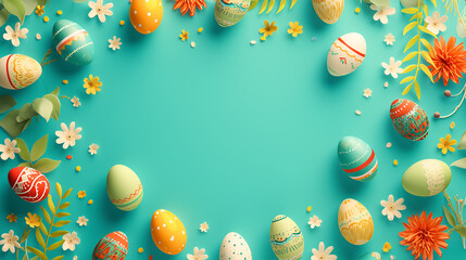 Easter Celebration Concept: Top View Photo of Turquoise Easter Eggs and Spring Flowers on White Background, Festive Holiday Decor, Christian Tradition, Generative Ai

