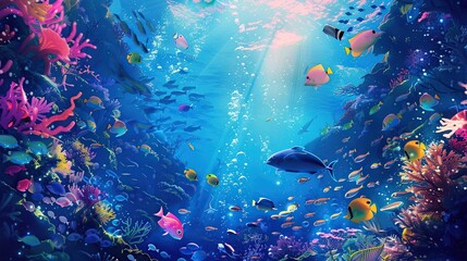 Whimsical underwater scene with colorful marine life