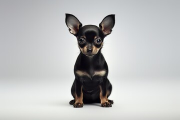 Charming small dog captured against a clean white backdrop, offering an intimate perspective