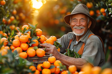 happy farmer asian man holds a harvest box of harvested ripe orange tangerines on a plantation on a farm in garden