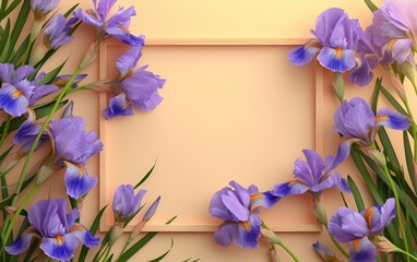 Rustic wooden picture frame adorned with a wreath of beautiful Japanese purple blooms on a soft orange background. Mockup frame