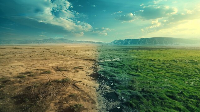 A stark contrast between a dry barren land and a thriving