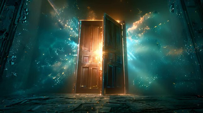 the door opens with sparkling light on the clouds background