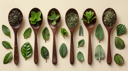 Flat lay of wooden spoons with assorted fresh green leaves on a beige background.