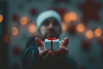 a cropped figure of man holding a small white gift box with red ribbon on his right hand, 