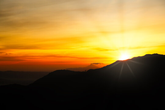 Golden morning sky in Dieng plateau, Wonosobo, Indonesia