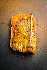 Beekeeping products. Organic honey in honeycombs and a wooden honey stick. Top view.