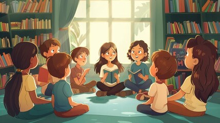 A cartoon of kids sitting in a circle during a storytelling session listening intently to their teacher as she reads aloud from a book