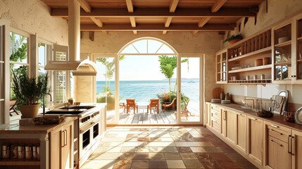 Obraz premium Mediterranean Style Kitchen with Ocean View