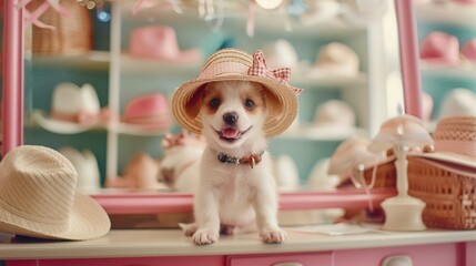 A cheerful puppy trying on hats and bows in a pet accessory store