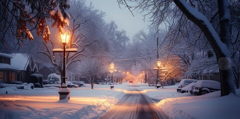 The Quiet Beauty of a Snowy Street Illuminated by a Single Glowing Street Lamp