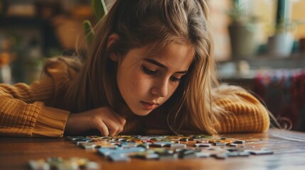 A girl sitting at a desk diligently working on a jigsaw puzzle