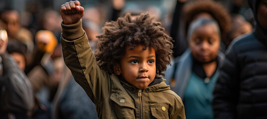 Black kid with fist raised in a protest - obrazy, fototapety, plakaty