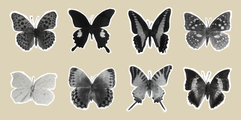 Fototapeta premium Set of butterflies in halftone. Y2K style. Vector illustration