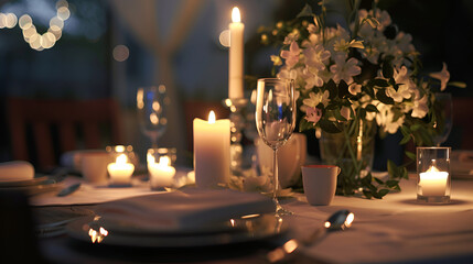 Elegant Candlelight Dinner Table Setting at Reception, Generative Ai